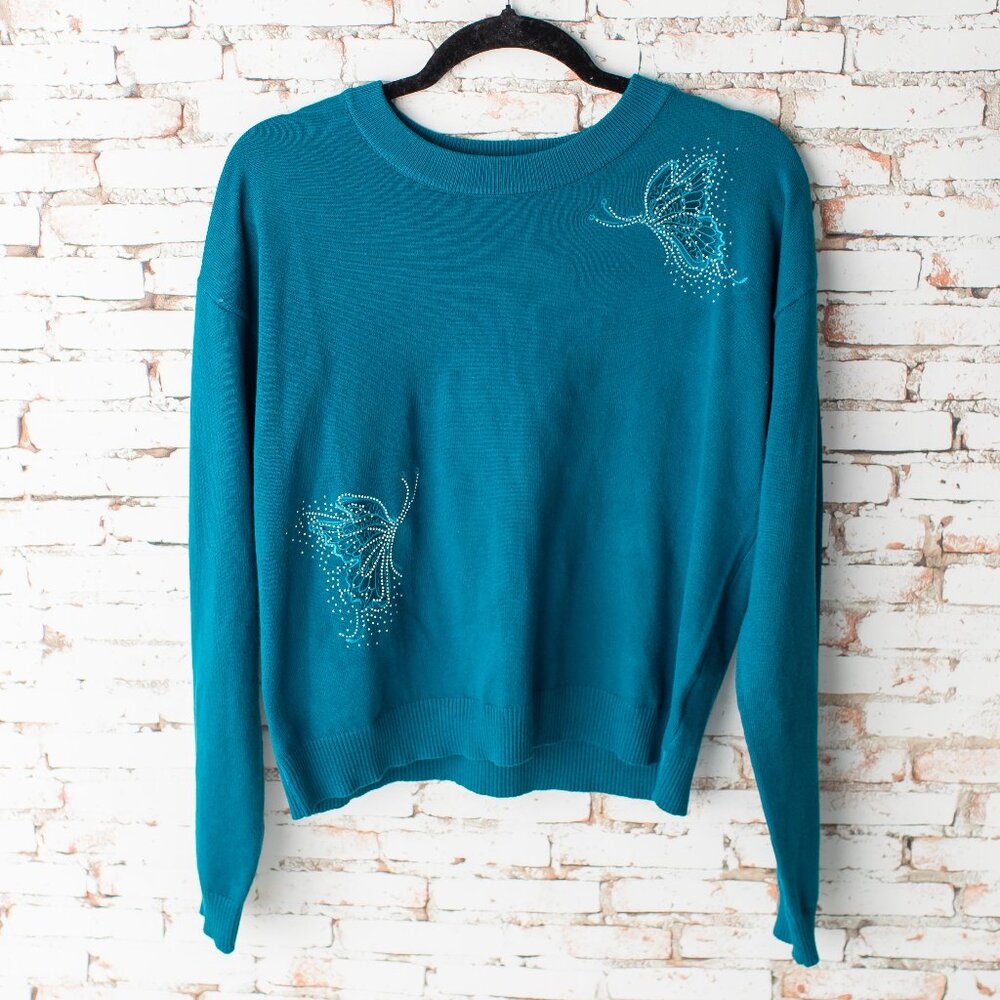 Ligotto Women's Large / XL Teal Sweater Butterfly Rhinestone Embellished Knit